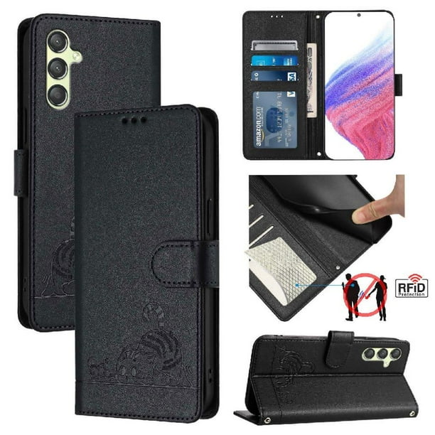 Funda tipo cartera FOXDOCK para Samsung Galaxy A24 4G con soporte, ranuras, RFID, diseño de gato