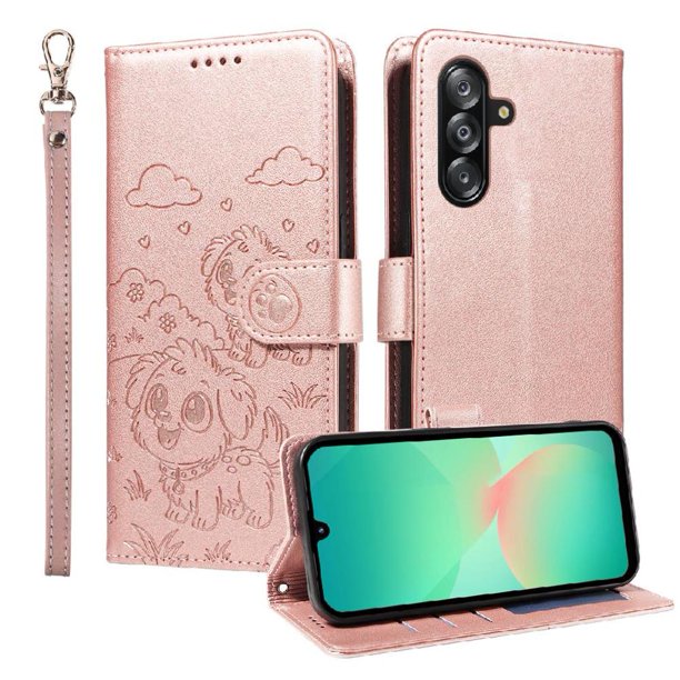 Funda Cartera para Samsung Galaxy A16 Perro Cachorro Grabado con Tarjetas Soporte Correa Rosa