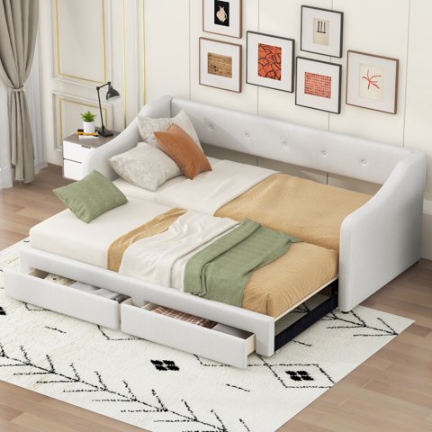 M&Ms - Twin Xl To King Size Upholstered Daybed With Two Drawers, Beige