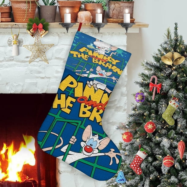 Pinky y Cerebro Tema: Calcetines de Navidad, fino lino blanco para colgar en escaleras y chimenea, decoración navideña para el hogar, regalo de Navidad. 45cm × 32cm