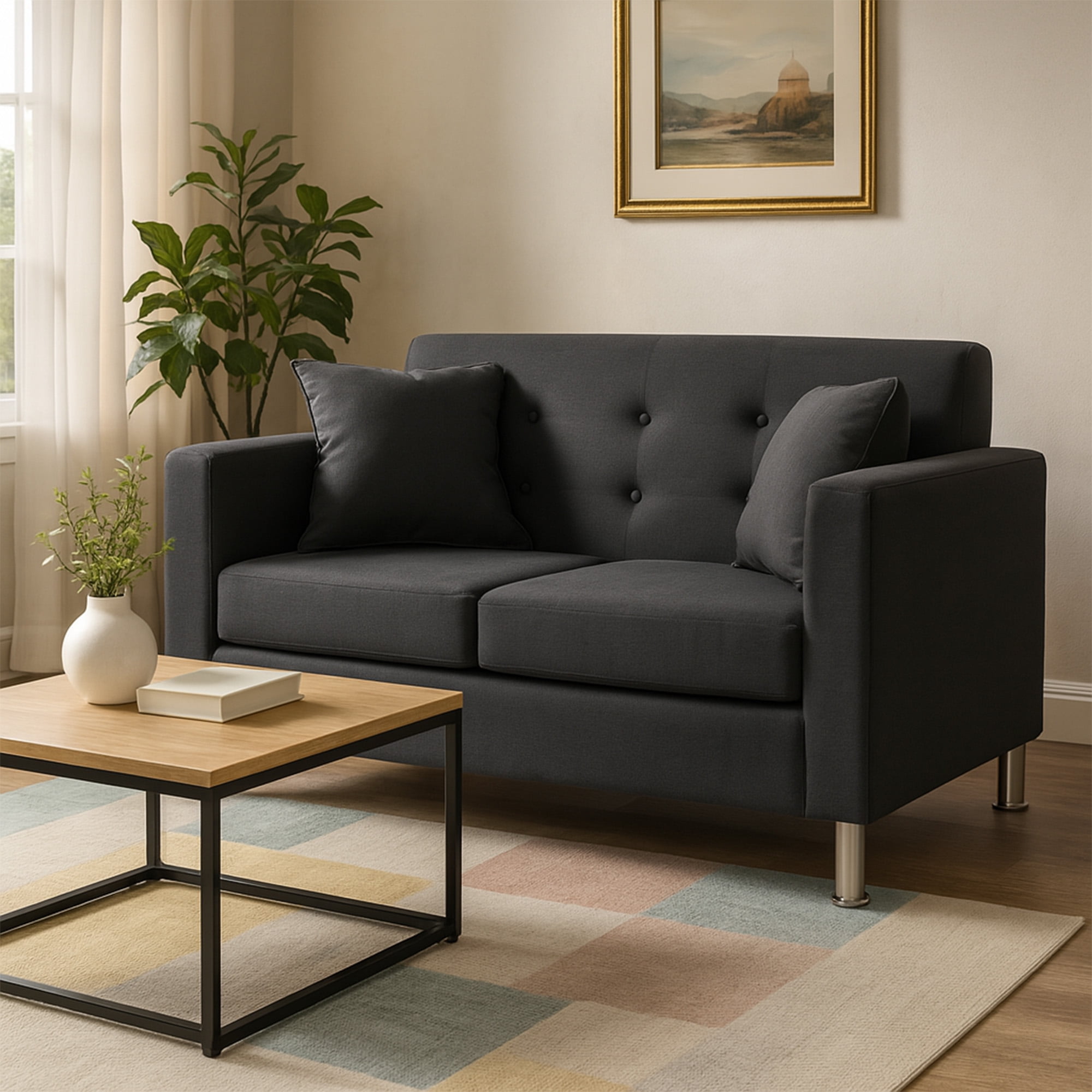 Mbc - Sofá 2 Cuerpos New Mallorca Tela Lino Negro