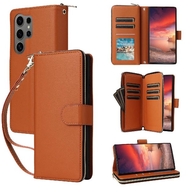 Funda Cartera con Cremallera y Correa para Samsung Galaxy S25 Ultra Soporte y Tarjetero Marrón