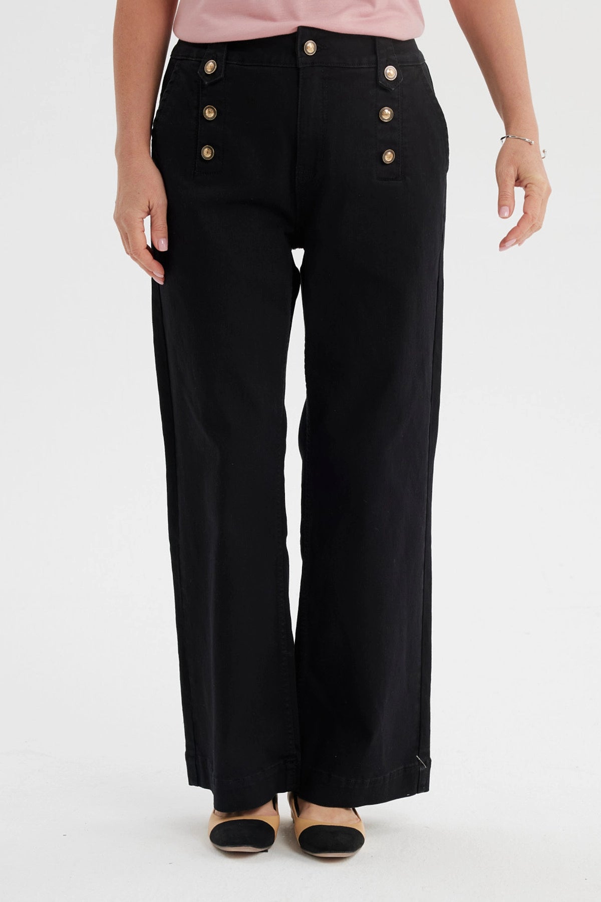 Fashionspark - Jeans Mujer Flare Botones Delantero Negro