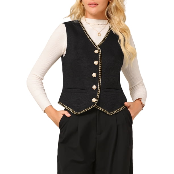 INSPIRE CHIC Chaleco de Blazer de Tweed sin Mangas para Mujer con Botones Abajo Cuello en V Casual de Negocios Chaleco XL Negro
