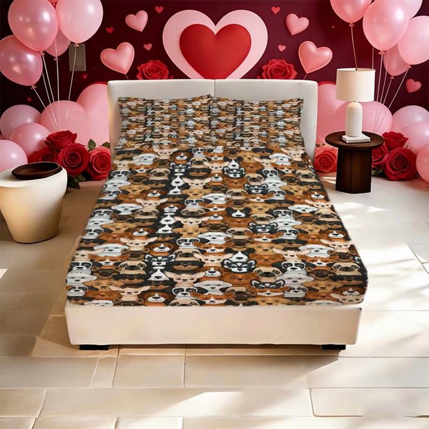 Dog Head Pattern Printed Fitted Sheet Set a Must-Have for Home and Guest Rooms Deep Pocket for Secure Fit Without Shifting Soft and Breathable for Better Sleep
