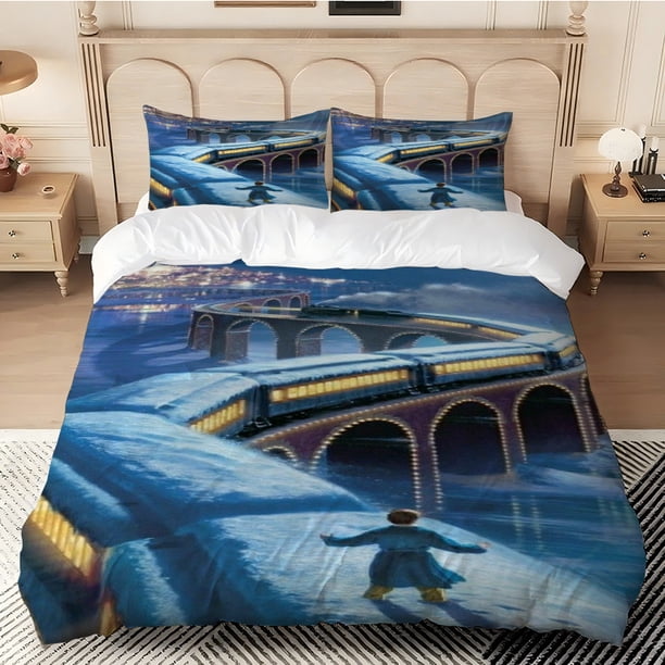 3pcs Polar Express Train in Snowy Night Fantasy Scene Printed Bedding Set Duvet Cover + 2 Pillowcases