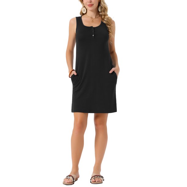 Vestido Mini de Verano sin Mangas con Cuello Redondo y Botones para Mujer de INSPIRE CHIC con Bolsillos M Negro