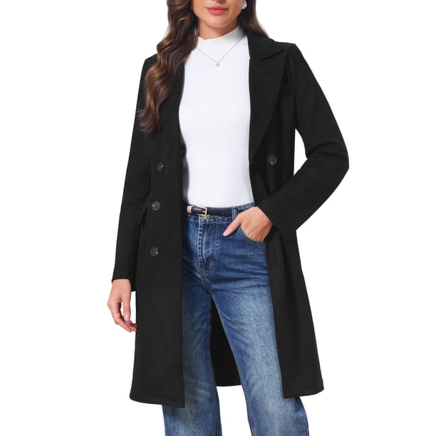 INSPIRE CHIC Abrigo de Trinchera de Mujer de Imitación de Gamuza con Solapa Muesca Doble Botonadura Abrigo Medio Largo Chaqueta de Otoño Invierno con Cinturón S Negro