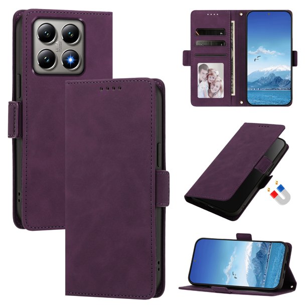 Funda Billetera Delgada para Xiaomi 14T Pro con Ranuras y Soporte Morado oscuro
