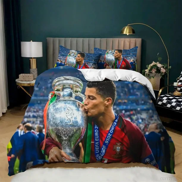 3-Piece Duvet Cover Ronaldo Ootball Star Printed Boys and Girls Bedding Set, Soft and Breathable Quilt Cover, Single Size GiftBed Sheets