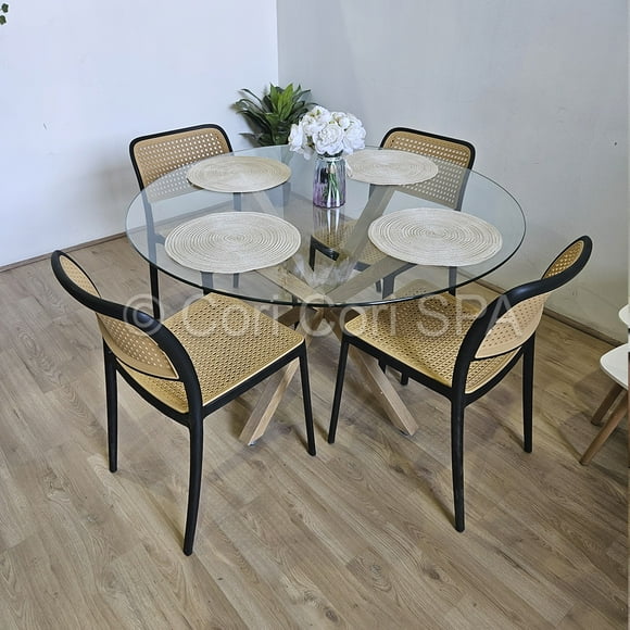 Comedor Mesa Warwick Vidrio 100cm + 4 sillas Delta Negro