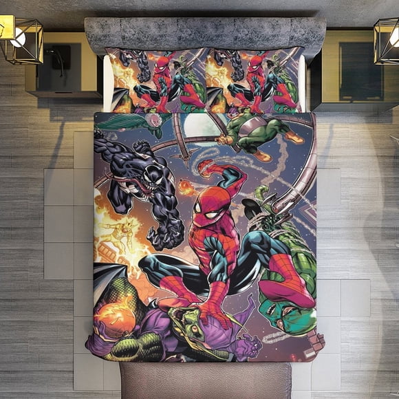 The Amazing Spider-Man 3 Piece Sets Full/Queen Size - Reversible Microfiber Quilts with 2 Shams Soft Lightweight Bedspread Coverlet Comforter for All Season Bed Sheets