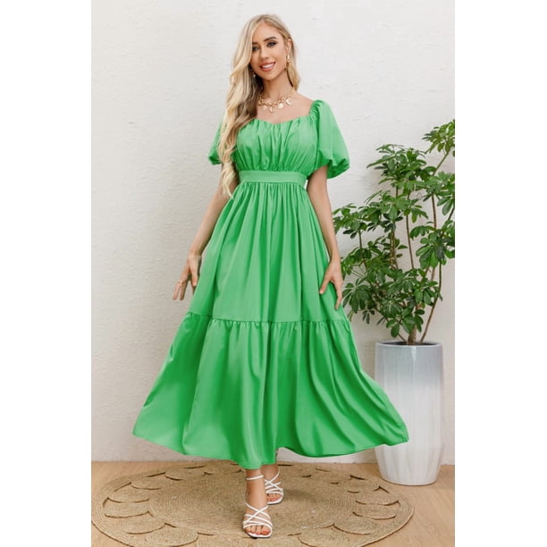 Vestido Largo Mujer Manga Globo Corta Cuello V 3345