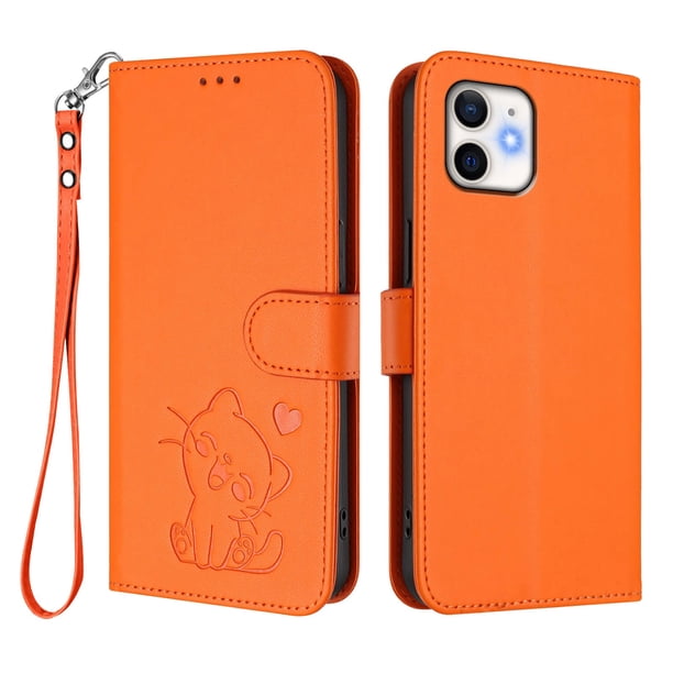 iPhone 12/12 Pro Funda Billetera con Estampado de Gato, Naranja