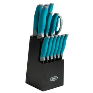 Oster - Set Cuchillos Acero Inoxidable Lindbergh 14 Pcs Mango Azul Y Taco De Madera Negro Azul