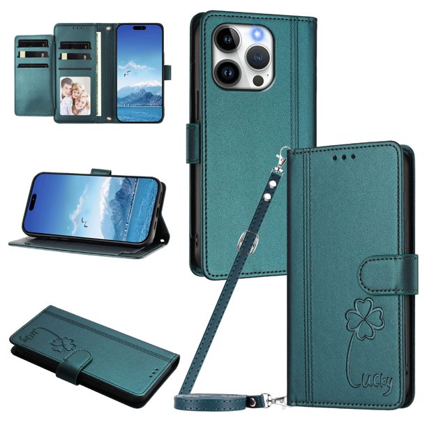 Funda Cartera Trébol para iPhone 16 Pro Max con Ranuras Tarjetas y Carga Inalámbrica Verde oscuro