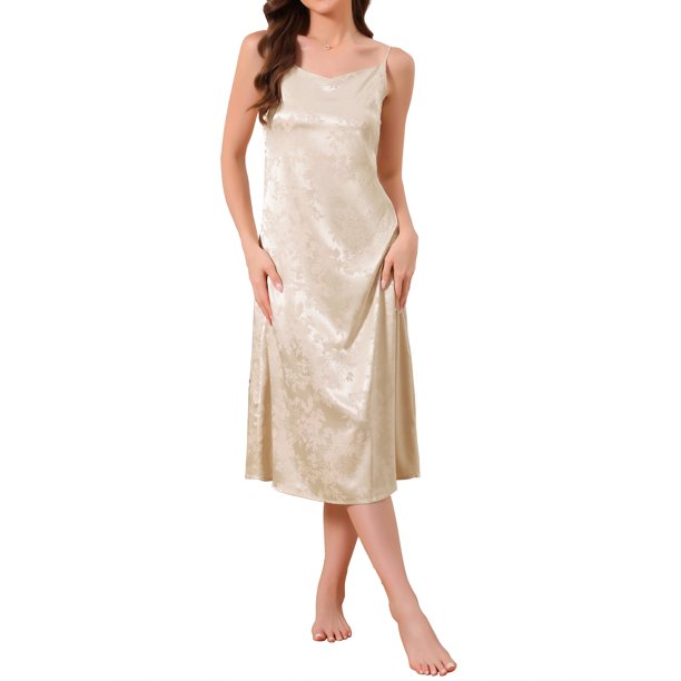 INSPIRE CHIC Pijamas de Satén Floral para Mujer con Escote en V, Tirantes Finos, Camisones de Lencería, Vestidos de Noche Midi S Champán