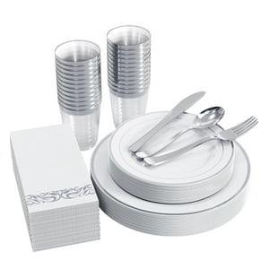 Badim - Platos Desechables Elegantes Fiesta 10 Personas 70 Pcs Silver