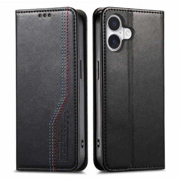 Funda tipo cartera para iPhone 16 de piel con cierre magnético, ranuras para tarjetas y correa para la muñeca Negro