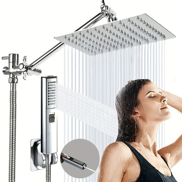 1set 2-in-1 Shower Head with Handheld Spray - 8'' Rain Square High Pressure Shower Head with 9'' Extension Arm and 78'' Hose - Includes Shower Holder for Easy Installation