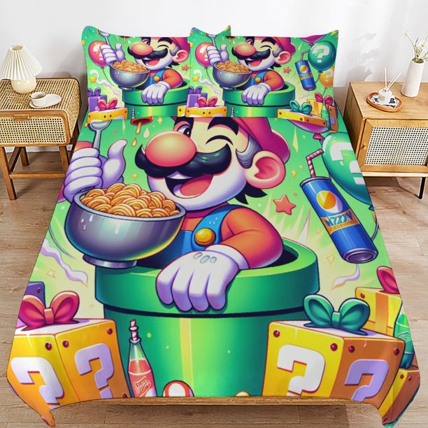 Super Mario 3-Piece Comforter Set for Bedroom Super Mario Bedding Set for Kids Adults Soft Microfiber Duvet Cover Set with Zipper Closure