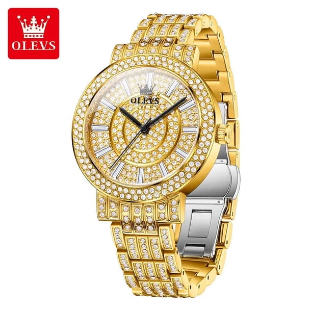 Reloj de Lujo Dorado para Mujer Cuarzo Cristales y Acabado Metálico para uso diario