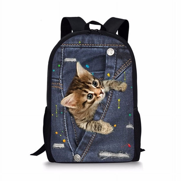 Black Denim Pocket Cat Student School Bag Kitten Printed Backpack Teenager Daily Casual Backpack Women Men Travel Rucksacks