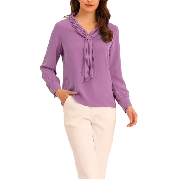 INSPIRE CHIC Blusas de Mujer de Manga Larga Chiffon Plisado con Lazo en el Cuello Camisa de Oficina Talla M Malva
