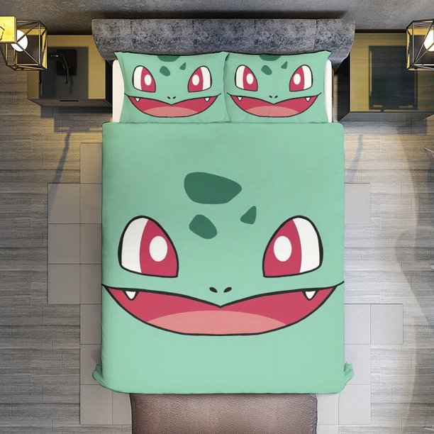 PokmonBulbasaur Face 3 Piece Sets Full/Queen Size - Reversible Microfiber Quilts with Shams Soft Lightweight Bedspread Coverlet Comforter for All Season Bed Sheets