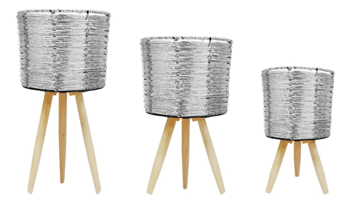 Genérico - Set De 3 Maceteros Mimbre Sintético Plata Jardín Plantas Jhn