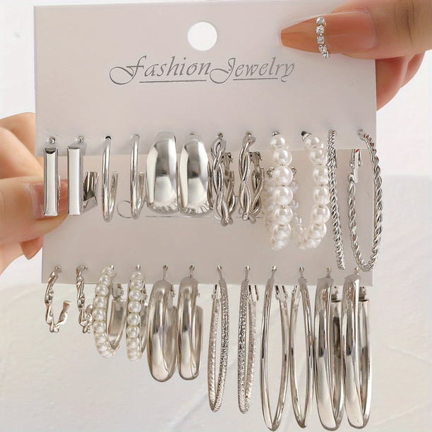 12pairs Sparkling White Faux Pearl Circle Hoop Earrings - Add Elegance to Your Look!