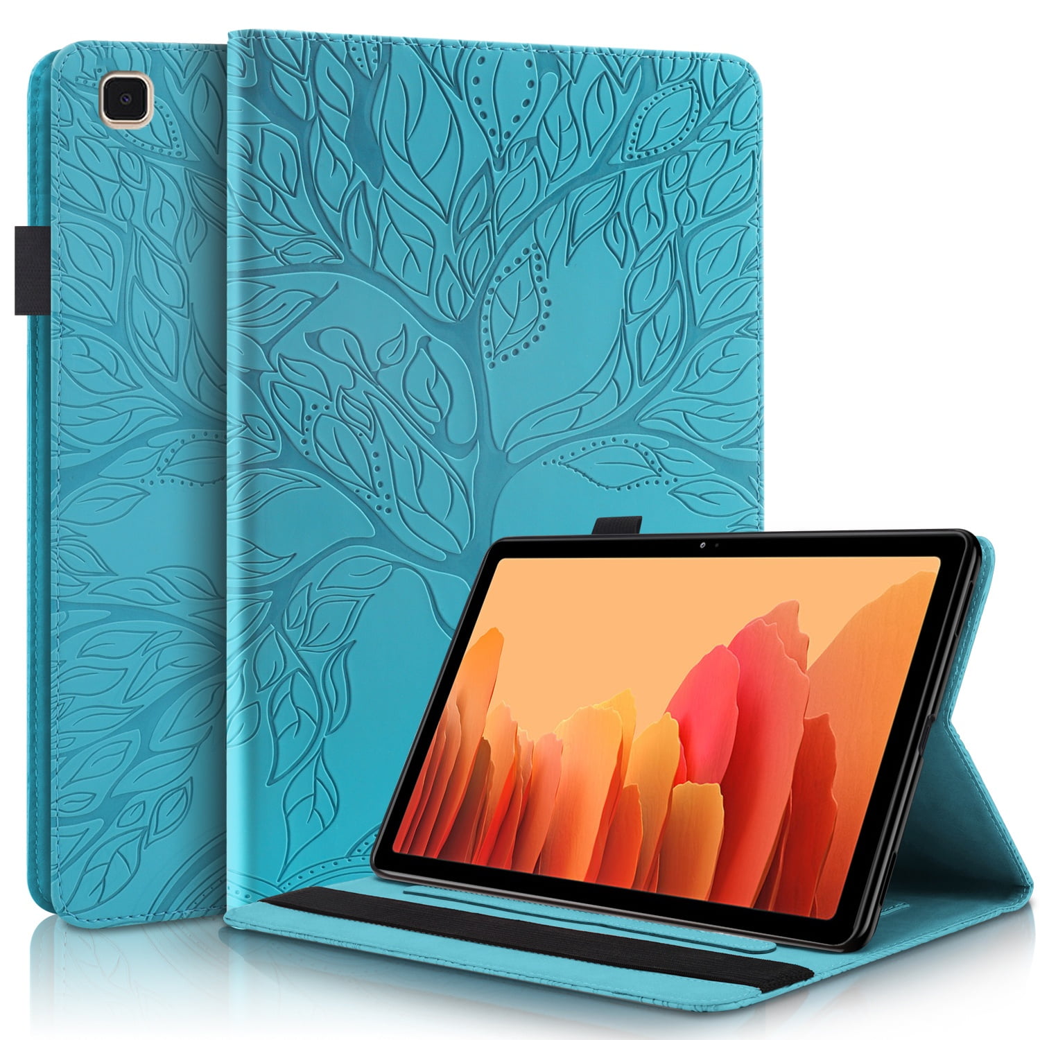 Foxdock - Funda Con Relieve Del Árbol De La Vida Para Tablet Samsung Galaxy Tab A7 Con Soporte, Ranuras Para Tarjetas Y Soporte Para Lápiz Óptico. Azul
