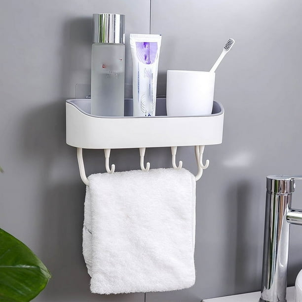 1pc Shower Caddy Toothbrush Holders For Bathroom Wall Mounted, Detachable Towel Rack 4 Hooks, Punch Free Shower Basket Bathroom Storage Organizer, Drain Dustproof Kitchen Bathroom Set