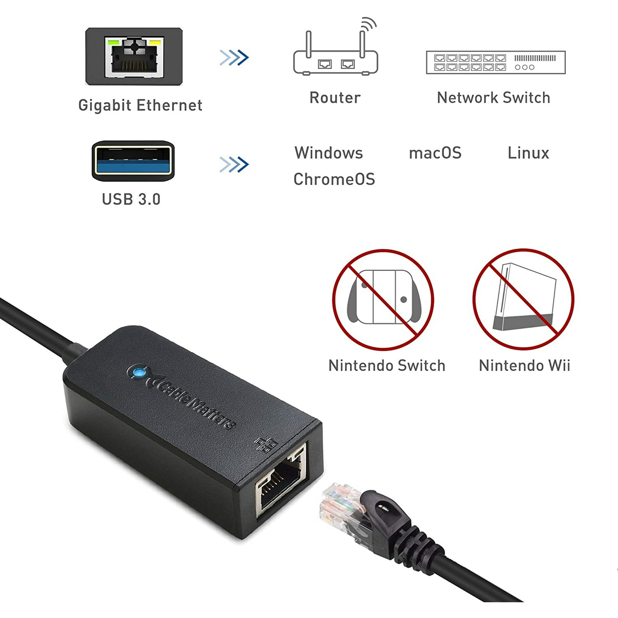 Cable Matters Usb To Ethernet Adapter (usb 3.0 A Ethernet) Compatible Con 10/100/1000 Mbps Ethernet Network En Negro