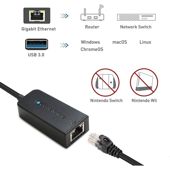 Cable Matters USB to Ethernet Adapter (USB 3.0 a Ethernet) Compatible con 10/100/1000 Mbps Ethernet Network en negro