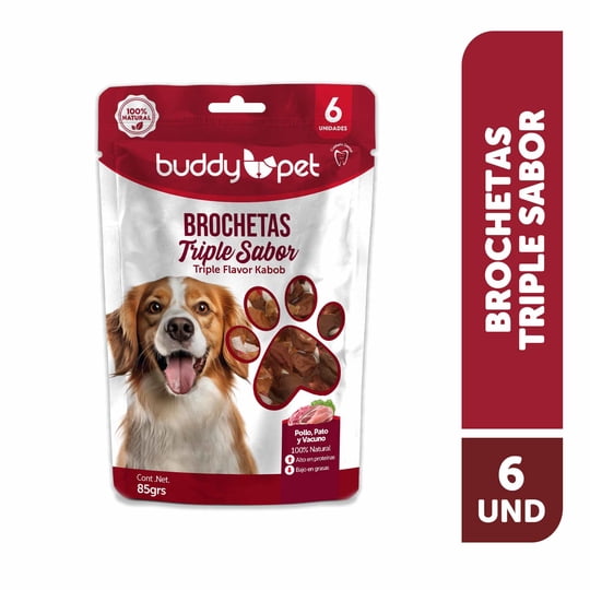 Snack Perro Adulto Brochetas Triple Sabor Pollo, Pato Y Vacuno Bolsa 6 Un Buddy Pet