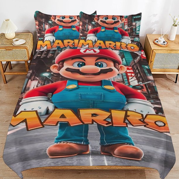 Super Mario Bed Duvet Cover Microfiber Bedding Sets 3D Printed Lightweight 3 Piece Comforter Sets for Kids Boys Girls