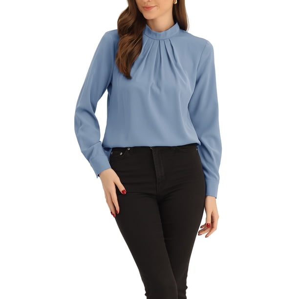 INSPIRE CHIC Blusa de Chifón de Otoño Invierno con Cuello Alto para Mujer, Camisa de Manga Larga Casual de Negocios M Gris Azul