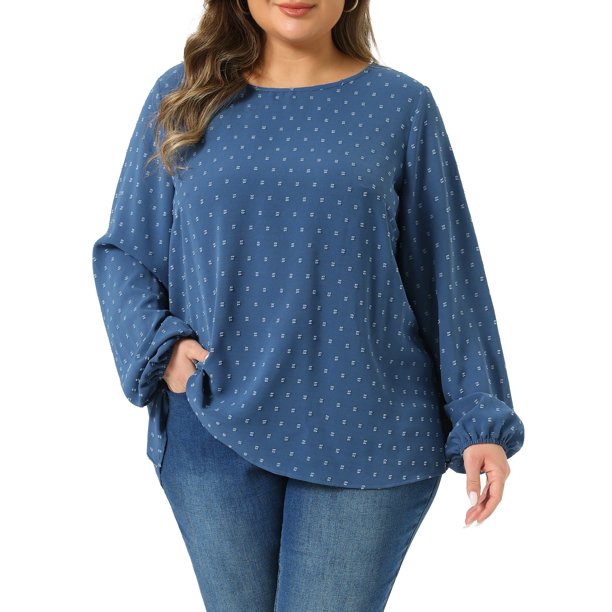GRACIA Y GRANDEZA Disfraces de Halloween Blusa de Gasa con Lunares Suizos para Mujer Tallas Grandes Cuello Redondo Manga de Linterna con Detalles de Pompones 2X Gris Azul
