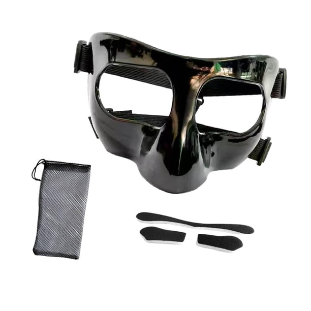 Protector nasal para baloncesto, protector facial con material de PC irrompible, correa ajustable y almohadilla para una cobertura total, apto para adultos, fútbol y sóftbol. Negro puro