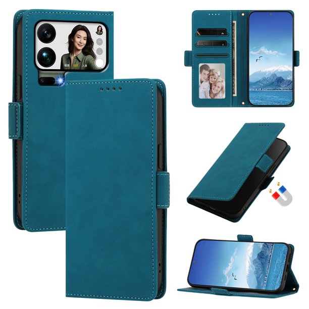 Funda Billetera Delgada para Xiaomi 17 Pro Max con Ranuras y Soporte Azul lago