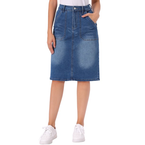 INSPIRE CHIC Falda de Mezclilla para Mujer Casual de Cintura Alta con Abertura Trasera, Falda de Jean Elástica a la Rodilla con Bolsillos S Azul Medio