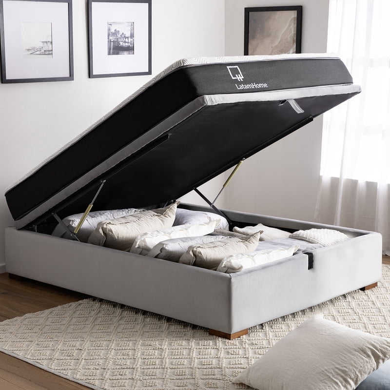 Cama Funcional Baul Full 1.35 Mt Colchon Comprimido New Top + 2 Almohadas Tela Gris