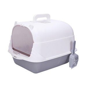 Ioensy - Caja De Arena Para Gatos Con Capucha, Duradera, Fácil De Limpiar, Suministros Para Mascotas, Inodoro Cerrado Para Gatos, Gris Y Blanco