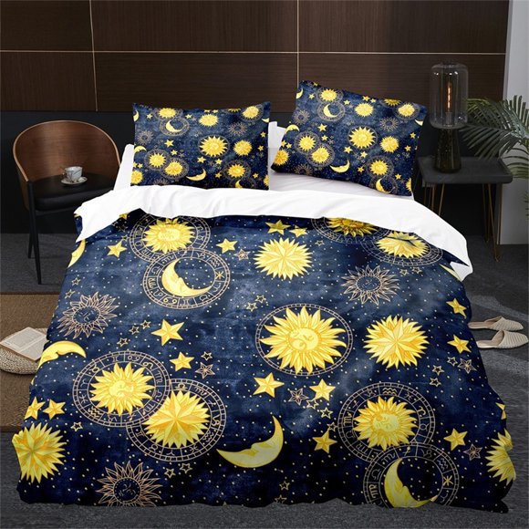 Boho Magic Style Bedding Set for Teens and Adults Polyester Quilt Cover Sun Moon Golden Exotic Tribe