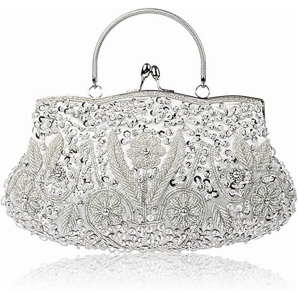 Bolso clutch EROUGE 29 cm con flores de cuentas y lentejuelas