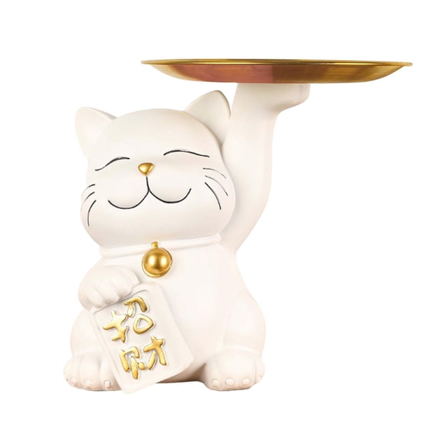Escultura De La Bandeja De Almacenamiento Del Escritorio De La Estatua Del Gato Para La Decoración De La Entrada Del Dormitorio Blanco