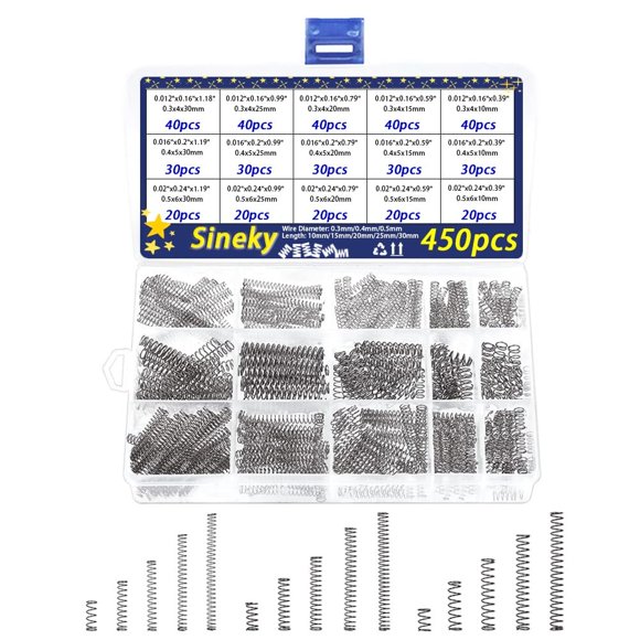 Kit surtido de muelles de compresión SINEKY, 450 piezas, acero inoxidable