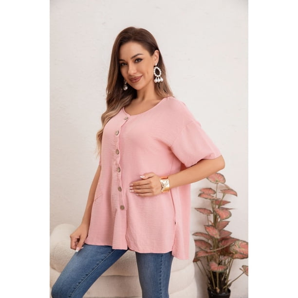Blusa Mujer Manga Corta Algodón Botones Bolsillos 037