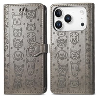 Funda Cartera Foxdock Para Iphone 17 Pro , Flip Pu Con Relieve De Gatos Y Perros, Tarjetero Y Soporte